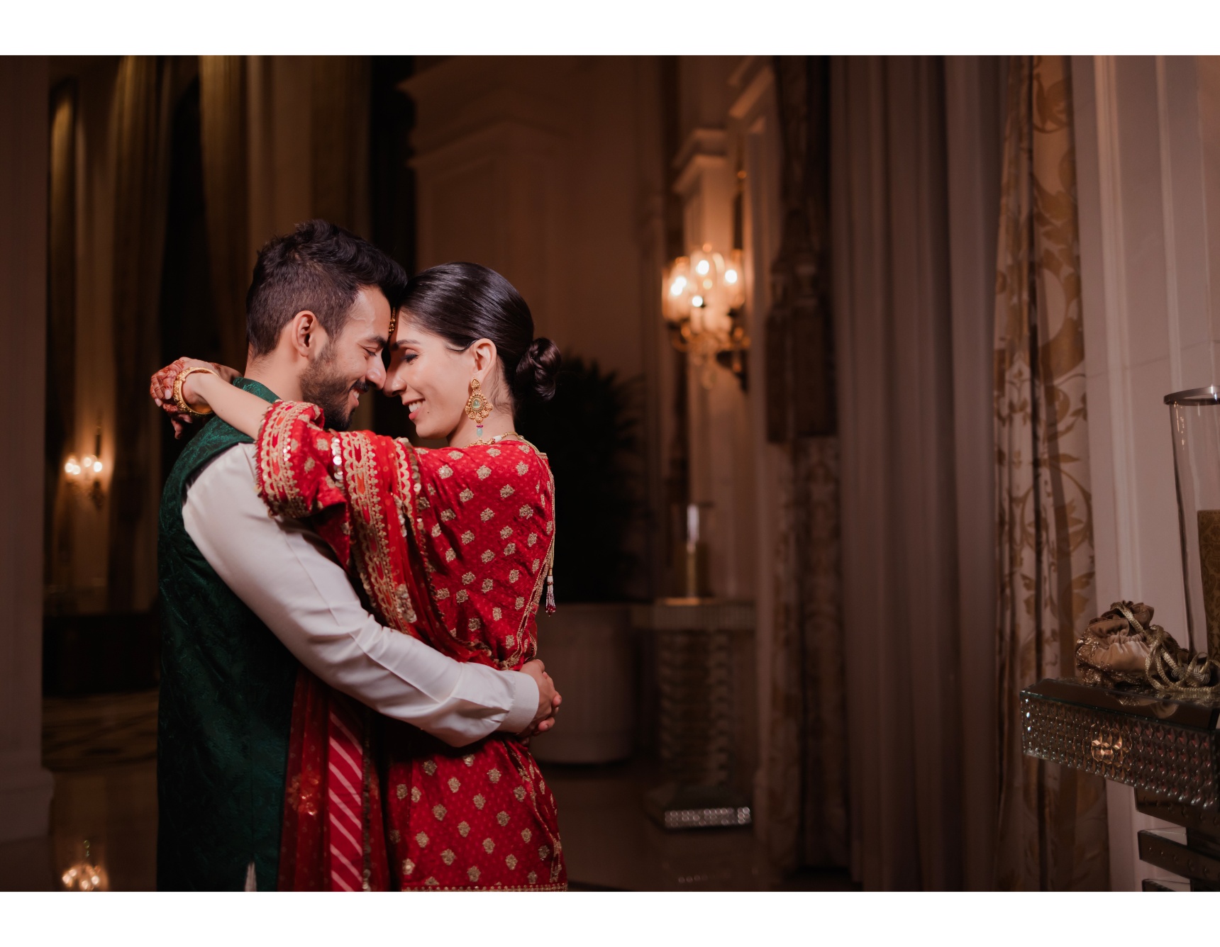Novella wedding moment — couple in an intimate embrace